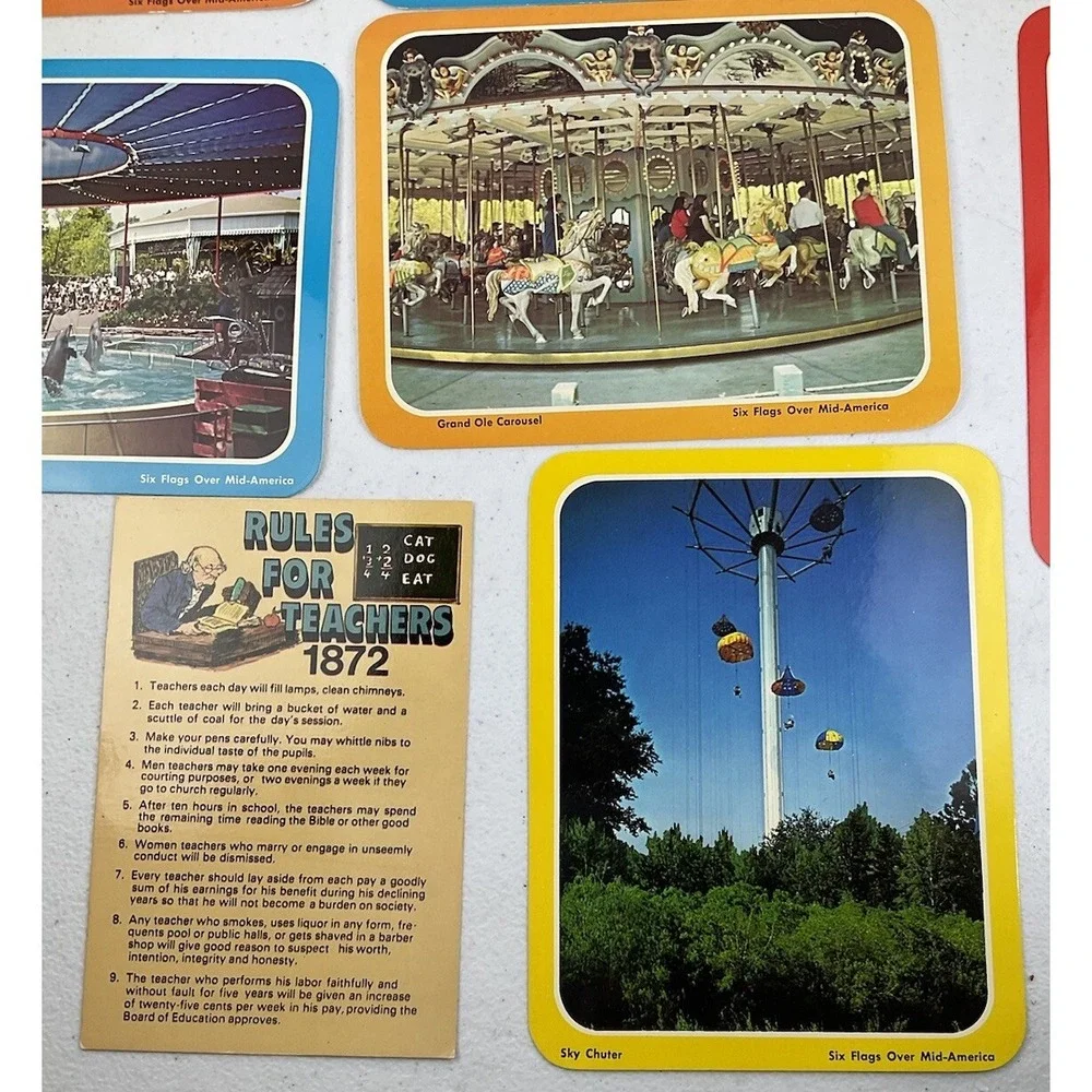 Lot Of 8 Vintage Six Flags Of Mid America Postcards With Six Flags Bag